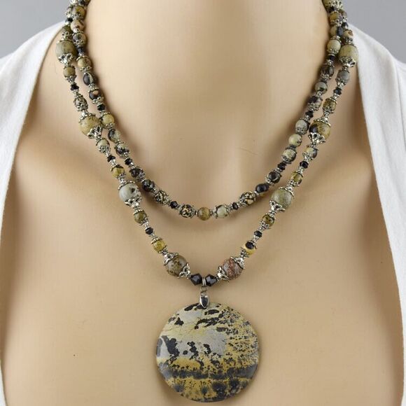 Handcrafted Necklace Earring Set Artistic Jasper Crystal Disc Pendant Layered - Picture 1 of 4